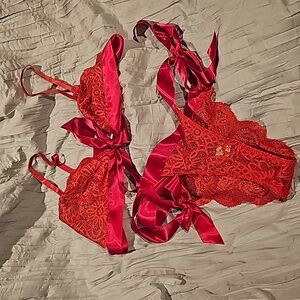 New without Tags Knotty Knickers XL Red Lace Bra & L lace Panty Set - Never Worn
